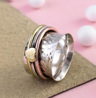 Textured Spinner Ring, 925 Sterling Silver Ring, Mixed Metal Band Ring, Handmade Ring, Meditation Thumb Ring, Gift for Her, Valentine's Day Gift,