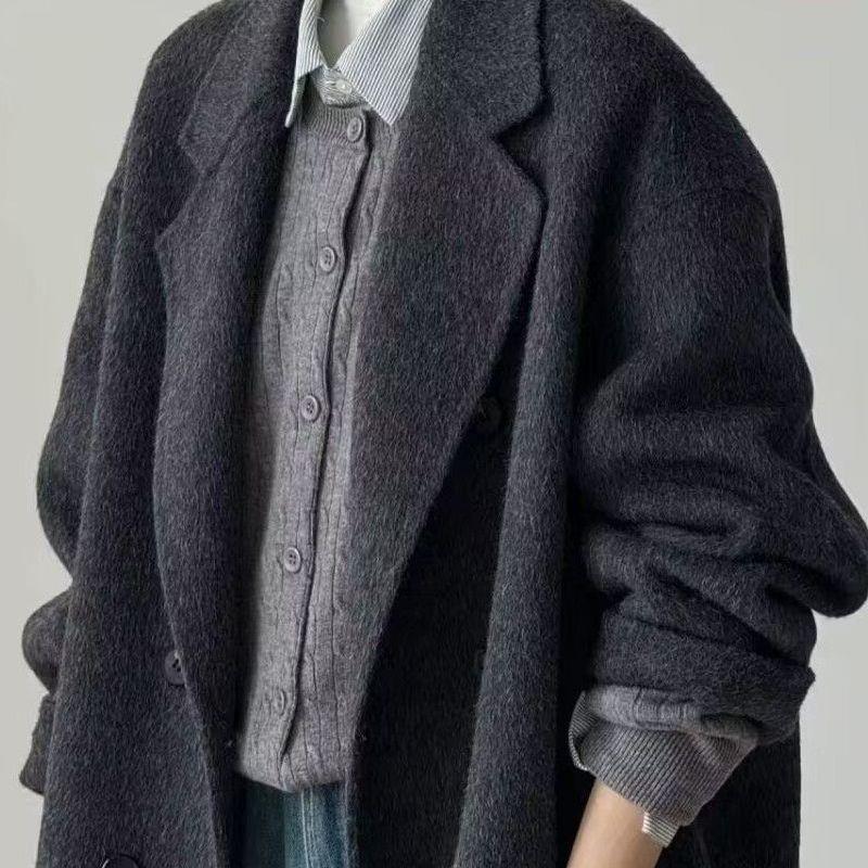 Kurzer Damen-Doppelseitiger Wollmantel mit Anzugkragen und Elasthan, Winter-Übermantel