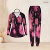 Women Plus Size Black Pink Floral Printed Nurse Scrub Set V Neck Long Sleeve Pockets Top Long Pants