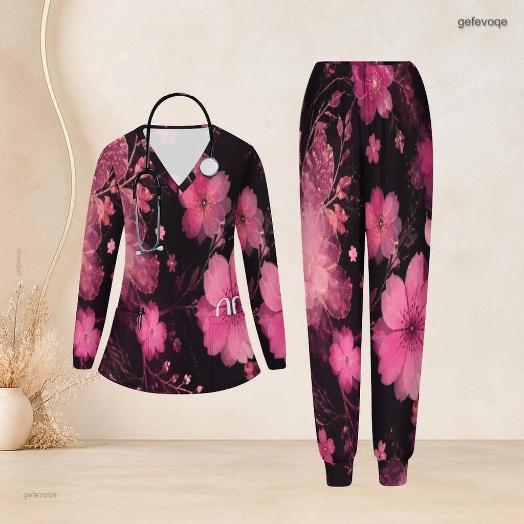 Women Plus Size Black Pink Floral Printed Nurse Scrub Set V Neck Long Sleeve Pockets Top Long Pants