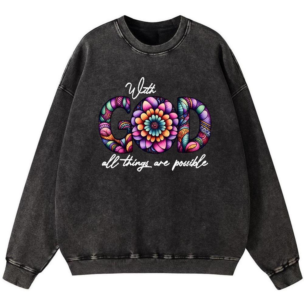 

With God All Things Are Possible Womens Vintage Washed Cotton Thin style Sweatshirt Street Autumn Pullover Hipster S