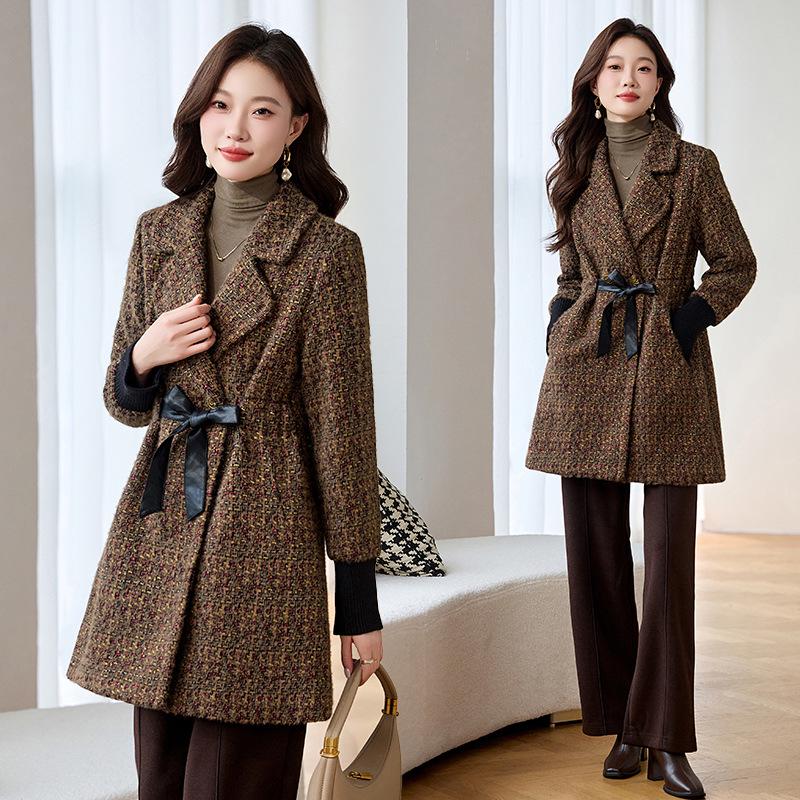 

Женское пальто в клетку из шерсти в корейском стиле - средней длины, на хлопковой подкладке, теплая модная верхняя одежда для осени и зимы XXXL 135-145 jin кофейный