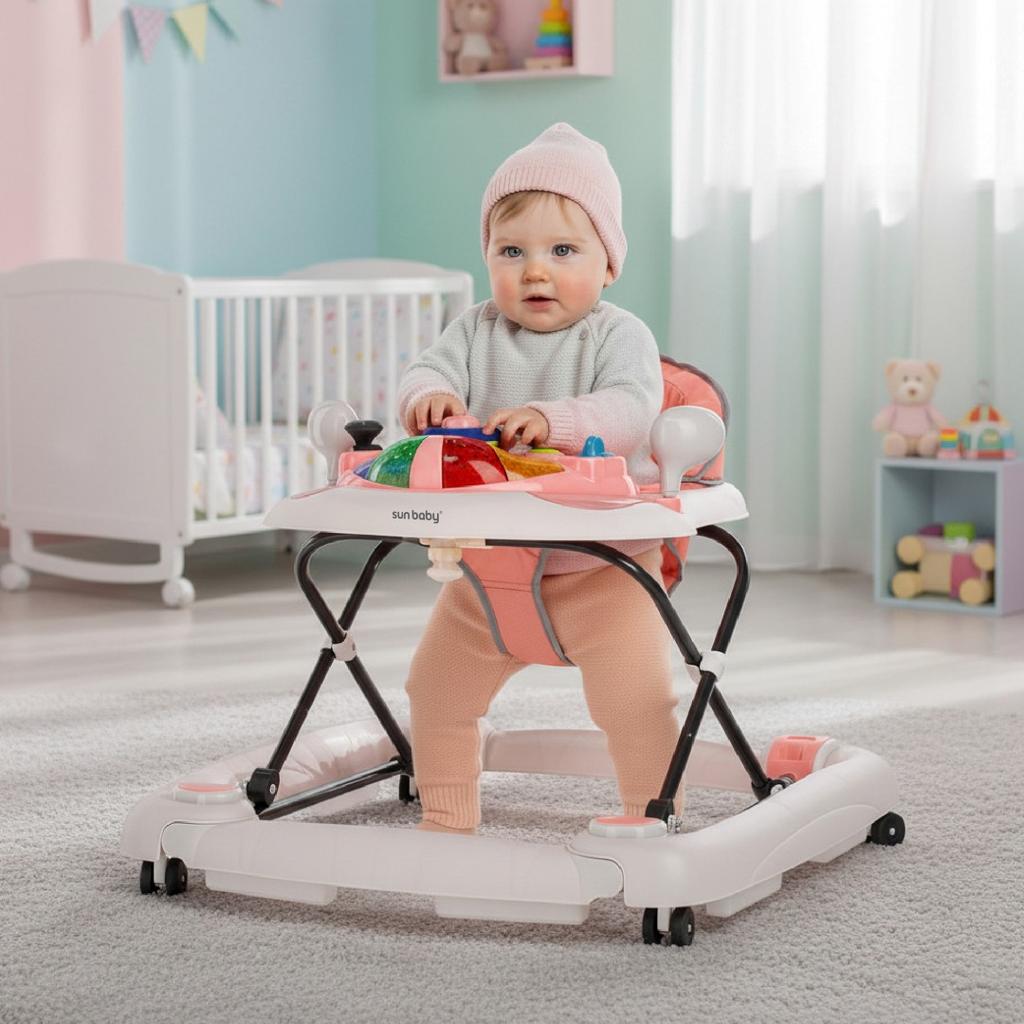 Sun Baby Grand Prix 2-in-1 Interactive Baby Walker and Rocking Cradle Pink and Gray