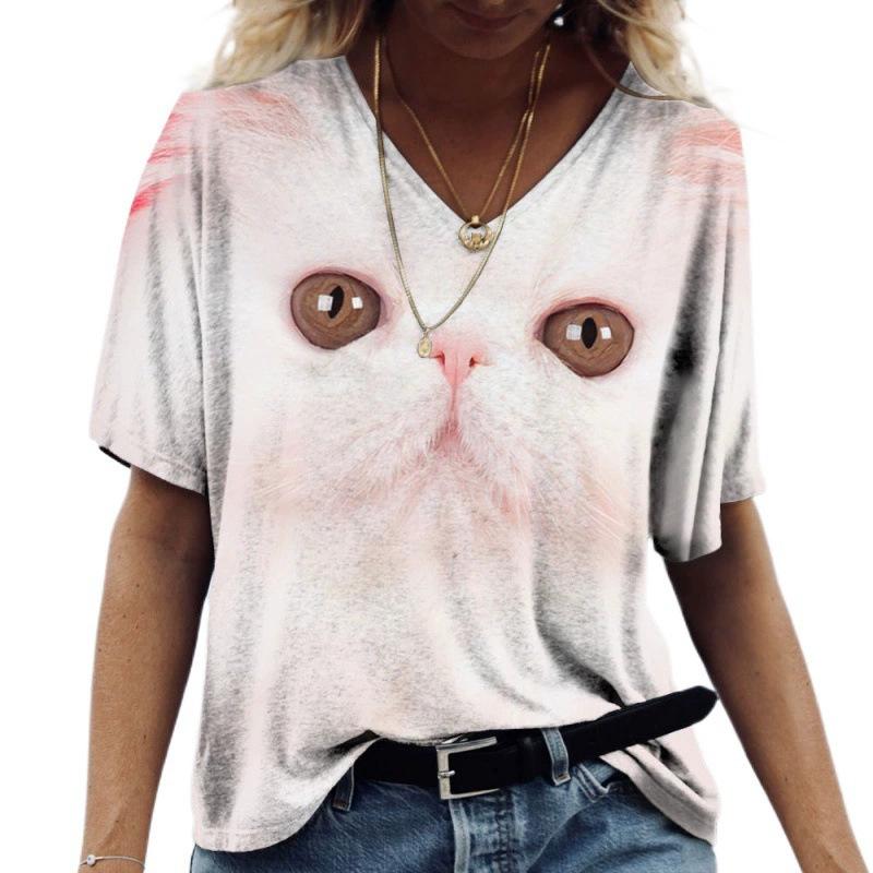 Sommer V-Ausschnitt 3D Katze Gedrucktes Oberteil Modische Lässige Kurzarm Damen T-Shirts