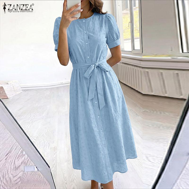 ZANZEA Summer Women Short Sleeve Front Lace Splicing Casual Long Maix Dress