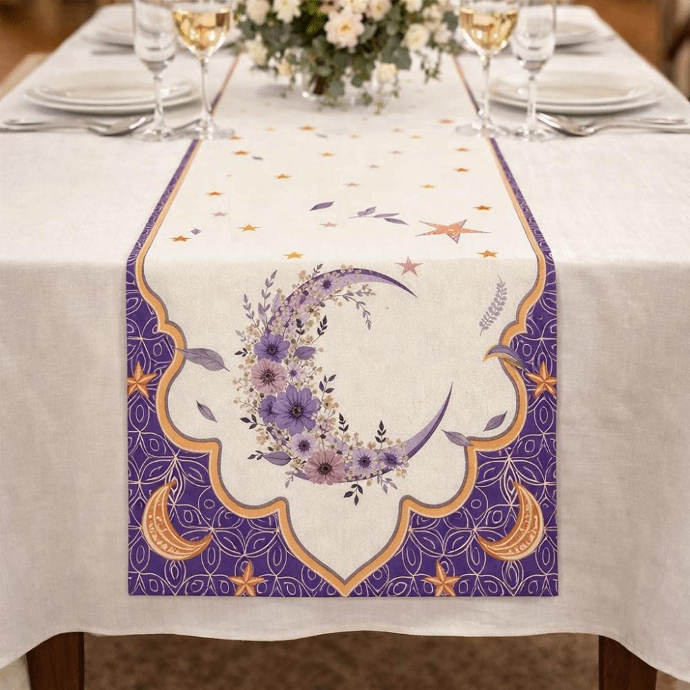 Floral Pattern Moon Star Table Runner Washable Eid Mubarak Table Runner  Home Decor