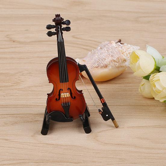 Wooden Mini Violin Model with Stand Playable Tiny Violin Figurine Miniature Musical Instrument Ornament Home Office Desktop Decoration