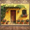 2D Backdrop with Bright Yellow Mediterranean House, Wooden Door, Climbing Ivy & Red Rose Pots
