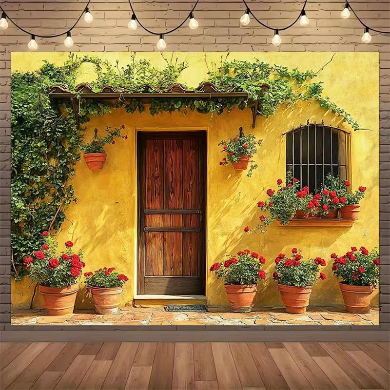 2D Backdrop with Bright Yellow Mediterranean House, Wooden Door, Climbing Ivy & Red Rose Pots