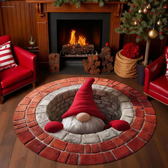 Christmas 3D Rug Santa Claus/Gnome/Dog Quilted Round Swirl Rug Non-Slip Optical Illusion