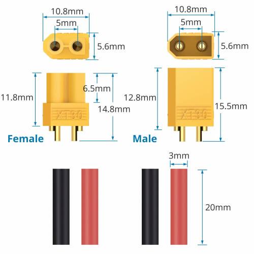 AUTOUTLET XT30 Connectors, 20PCS, 10 Pairs, Male & Female XT30 Connector Plugs with Heat Shrink Tubing for RC Cars, Boats, and LiPo Batteries