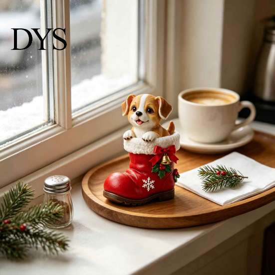 Winter Atmosphere Ornaments Christmas Puppy in Santa Boot Resin Figurine, Cute Dog Holiday Tabletop Decor with Home Decorations Bow Bell Holly,
