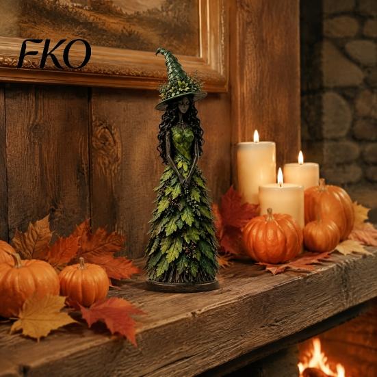 Indoor Fall Decorations Autumn Witch Figurine Statue, Resin Halloween Tabletop Decor, Seasonal Room Accessories Shelf Ornament for Mantel Fireplace