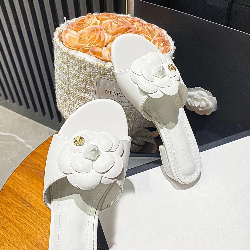 Women Shoes Summer Fashion Flowers Leather Slipper Ladies Elegant Casual Sandals Girl Heels Slides