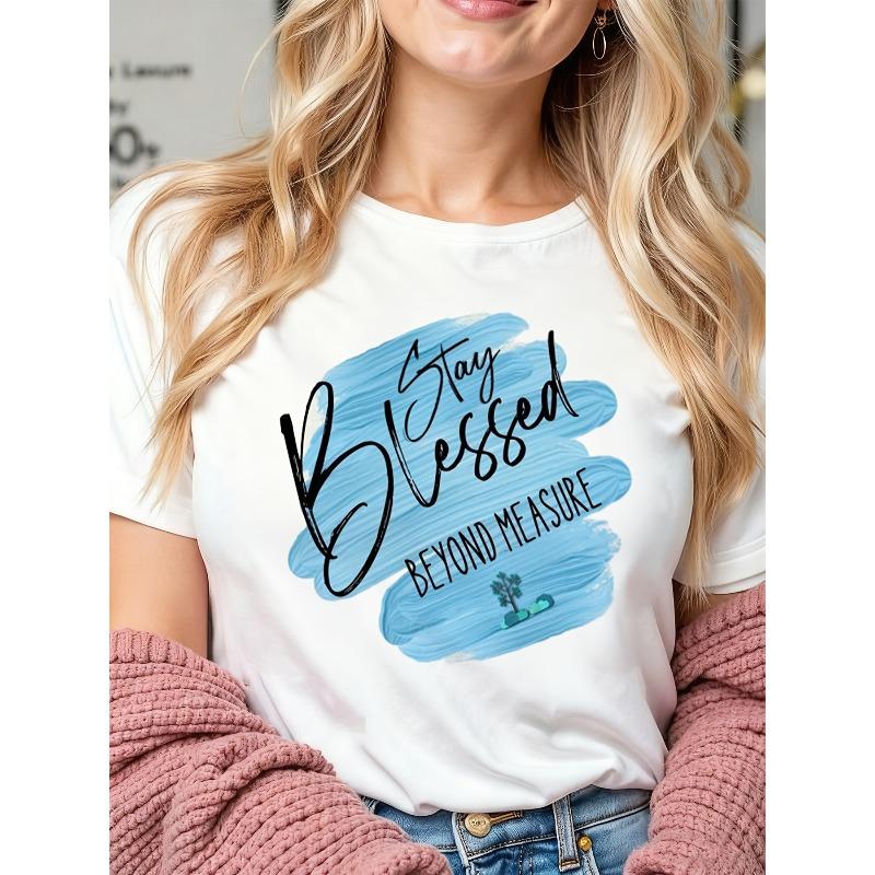 

European Size Blue Brush Strokes White Background Black Text Inspirational Simple Design for Women Summer Short-sleeved Printed T-shirt 4XL білий