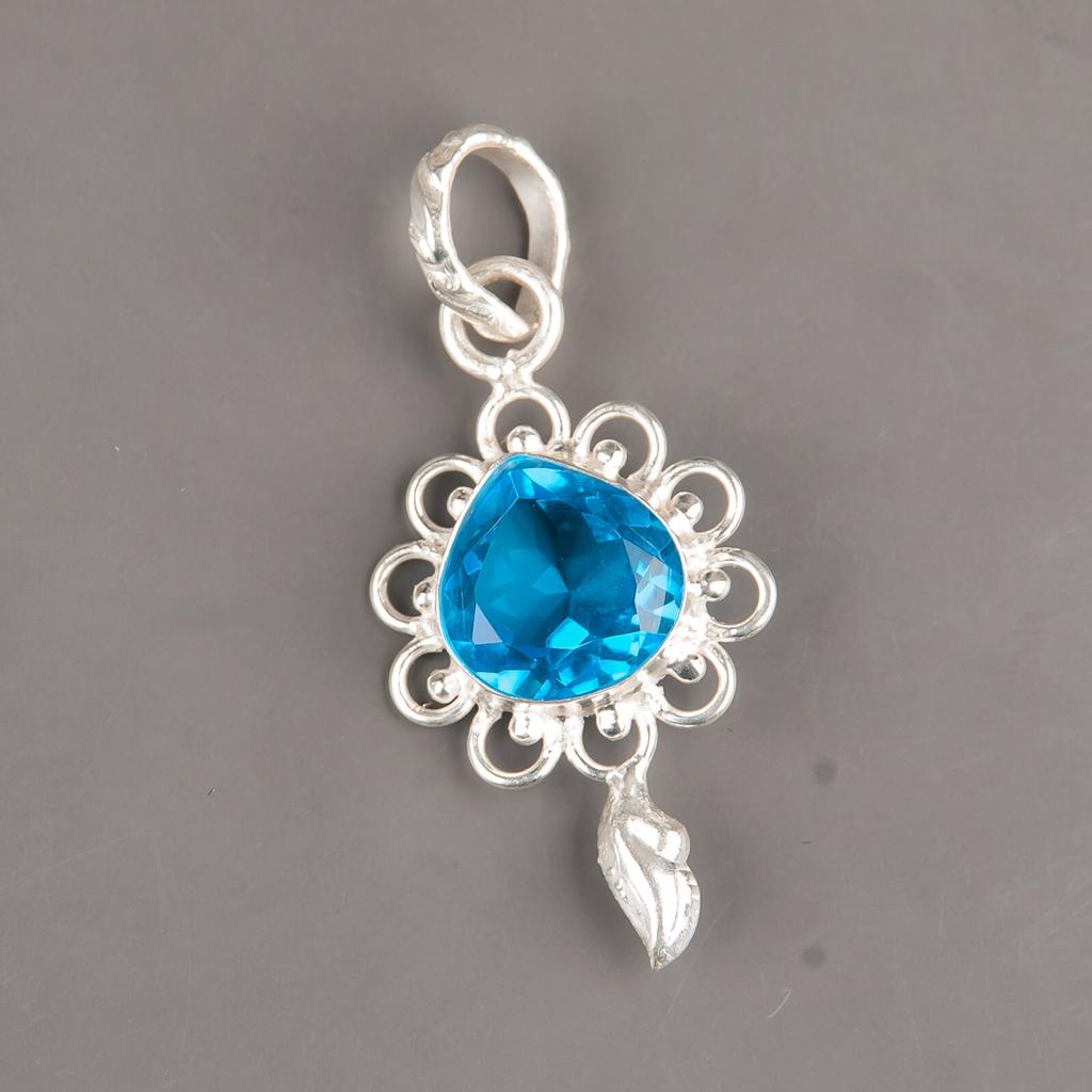 Swiss Blue Topaz Gemstone 925 Sterling Silver Jewelry Handmade Pendant 1.80" PP-4-2