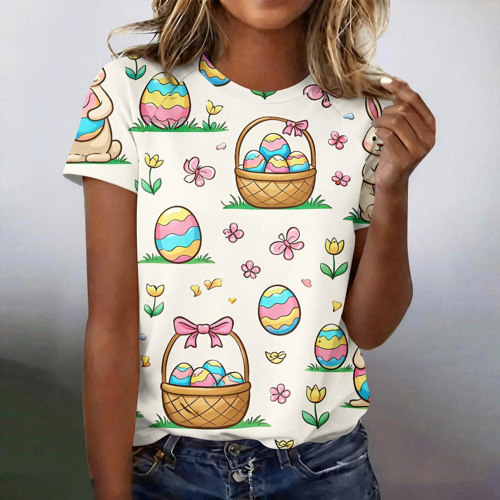 Women's Fashionable Casual Short-Sleeved Raglan Sleeve Easter Print T-Shirt Top