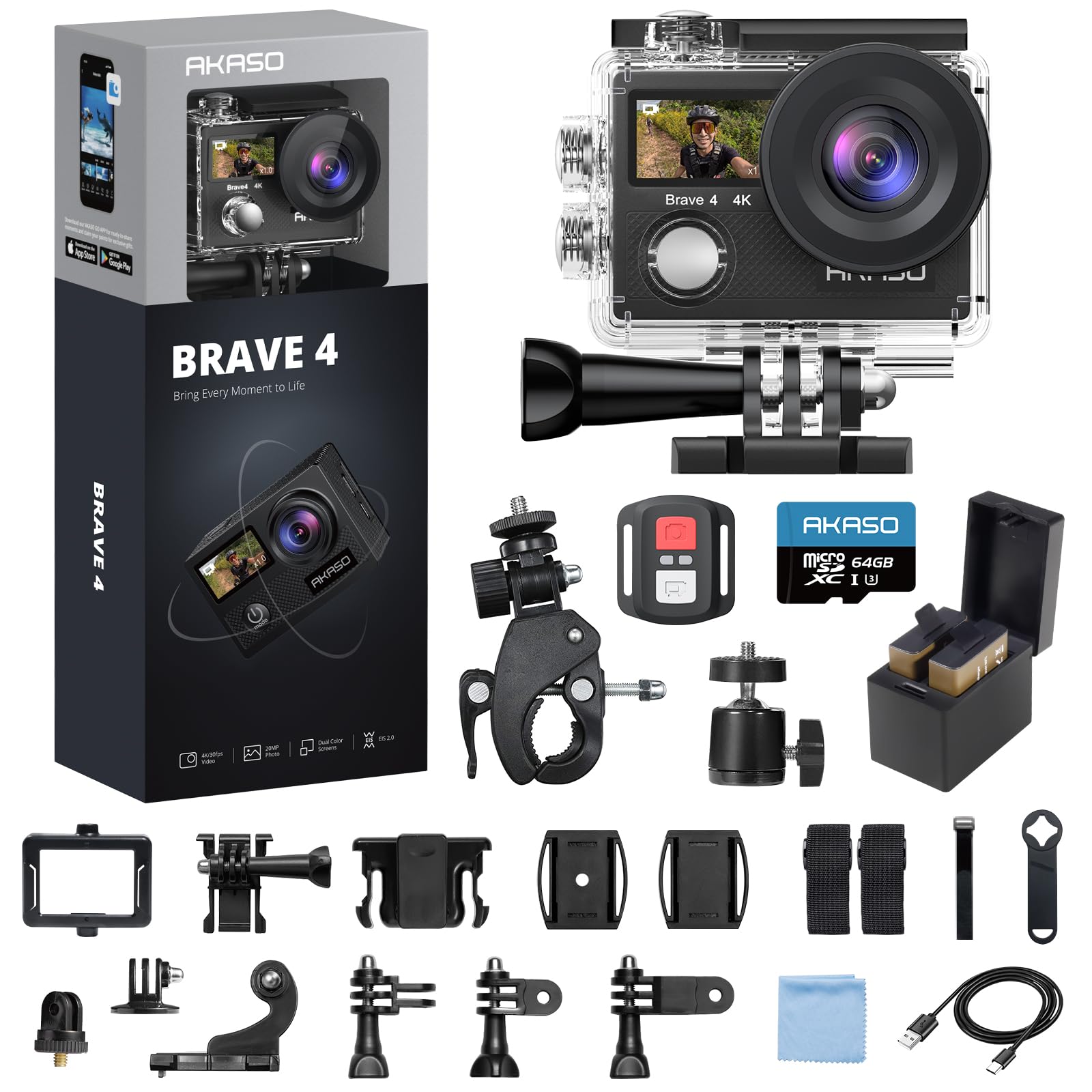 

AKASO Brave4 Action Camera 4K30FPS Dual Screen EIS Image Stabilization 40M Waterproof Underwater Camera HDMI Output Action Cam Compact 64GB Card