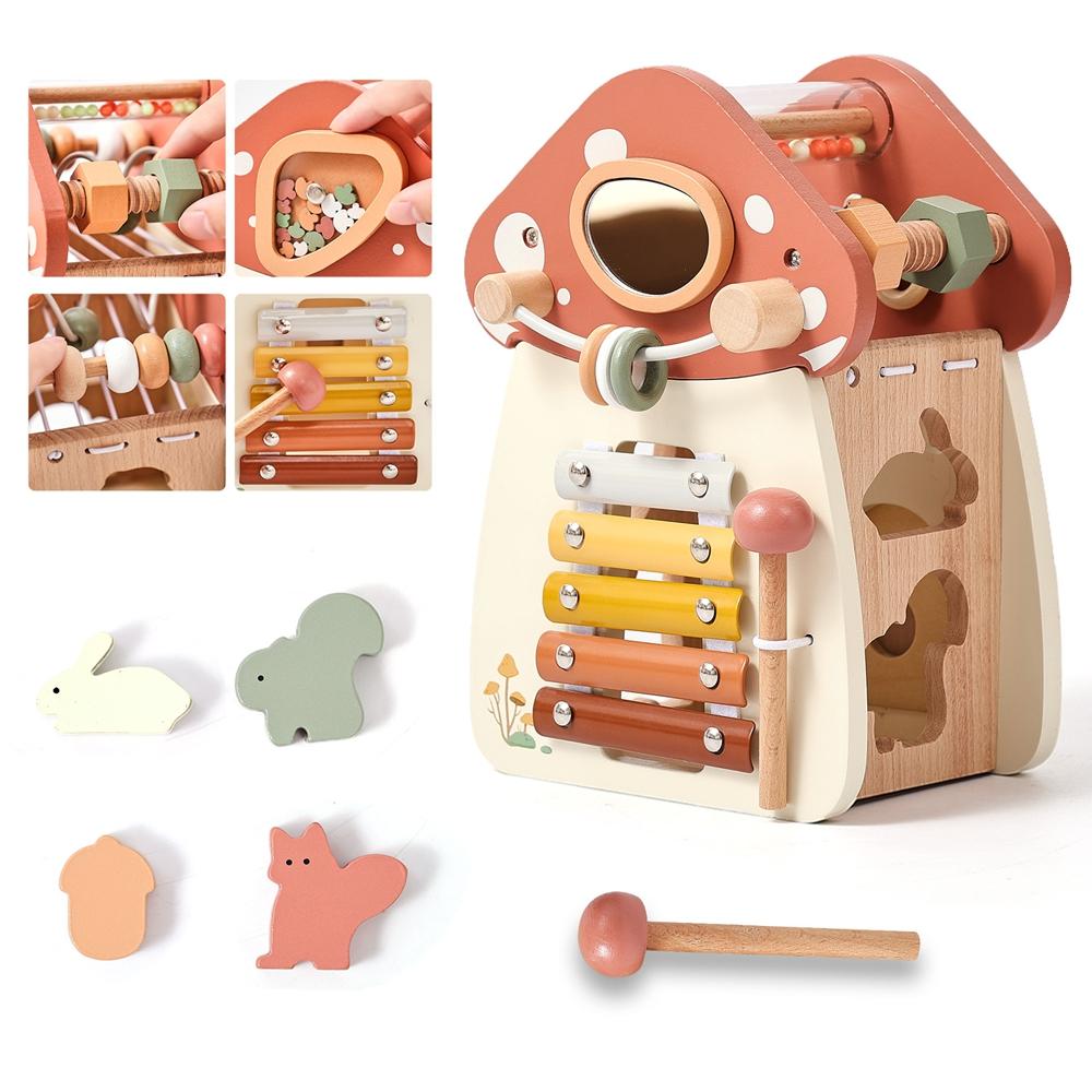 Baby Montessori Wooden Toys Educational Wooden Blocks Shape Pairing Mushroom Busy Box Toys for Kids Musical Percussion Toys