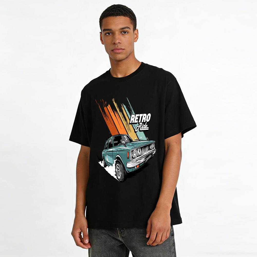 Vintage Klassisches Auto Print Lässiges T-Shirt Herren Retro Trendy Lockeres Oberteil Reines Baumwoll-T-Shirt