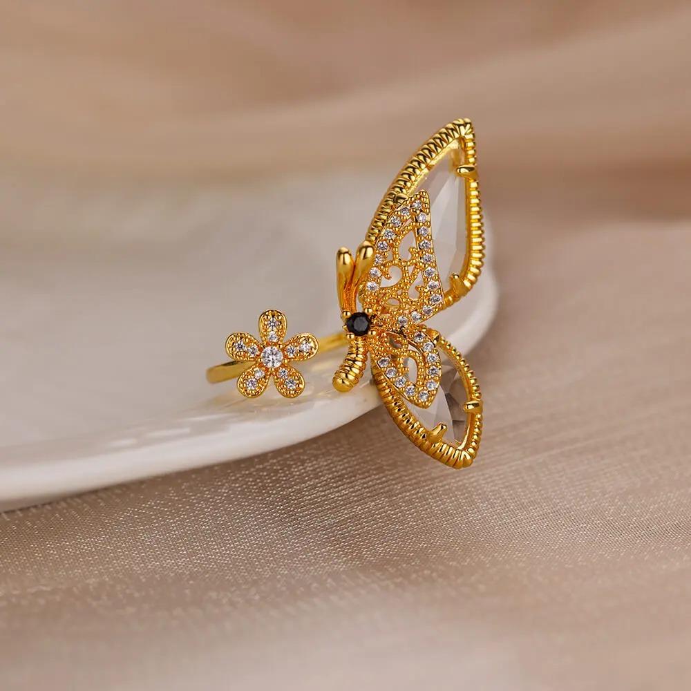 

New Zircon Butterfly Rings For Women Stainless Steel Geometric Opening Ring Wedding Party Fashion Jewelry Gift Accessories
