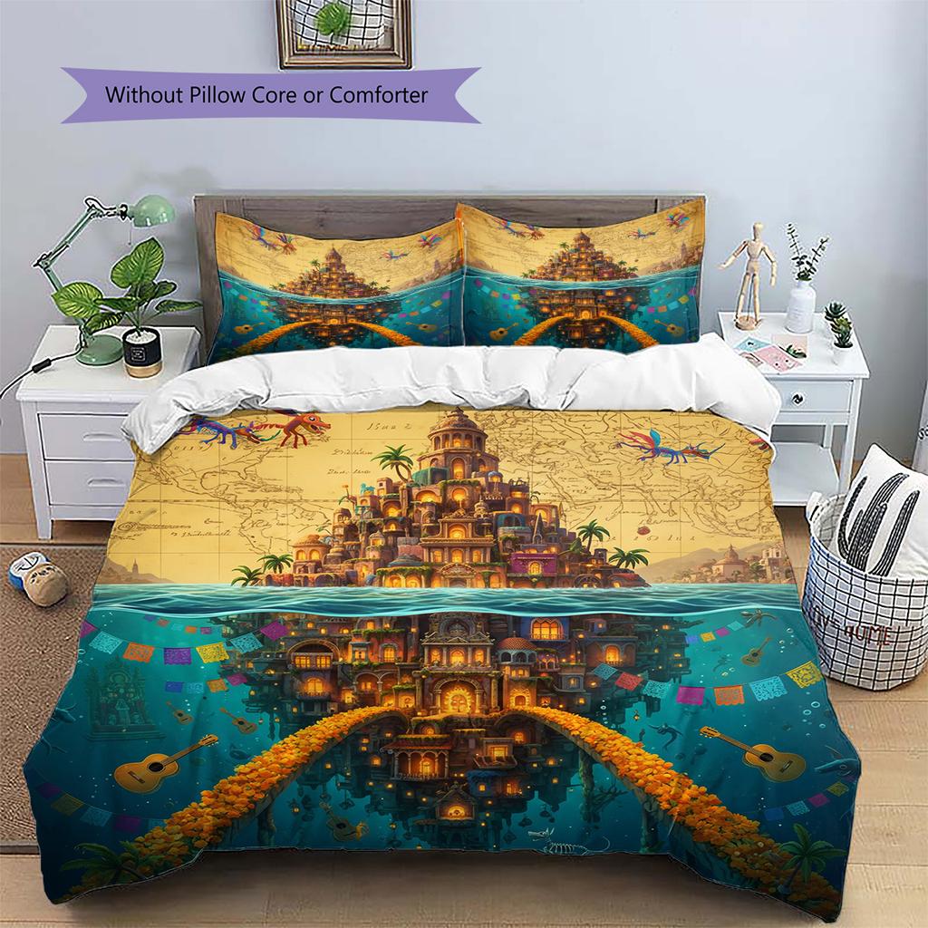 Ocean Fantasy Castle Pattern Bedding Quilt Set  Home Decoration  Gift (1 * Duvet Cover + 2 * Pillowcase  Without Core)