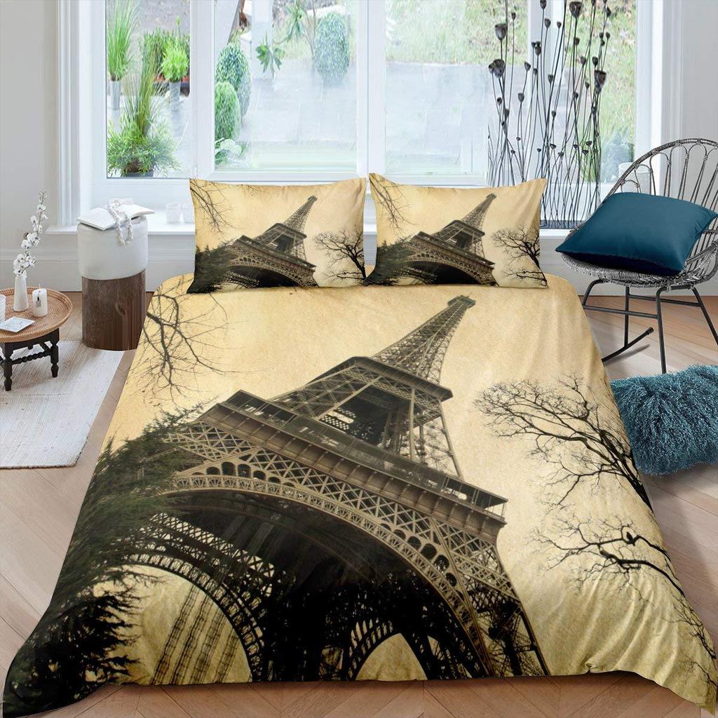French Duvet Set Eiffel Tower Printed Bedding Sweet French Street Scene Pattern