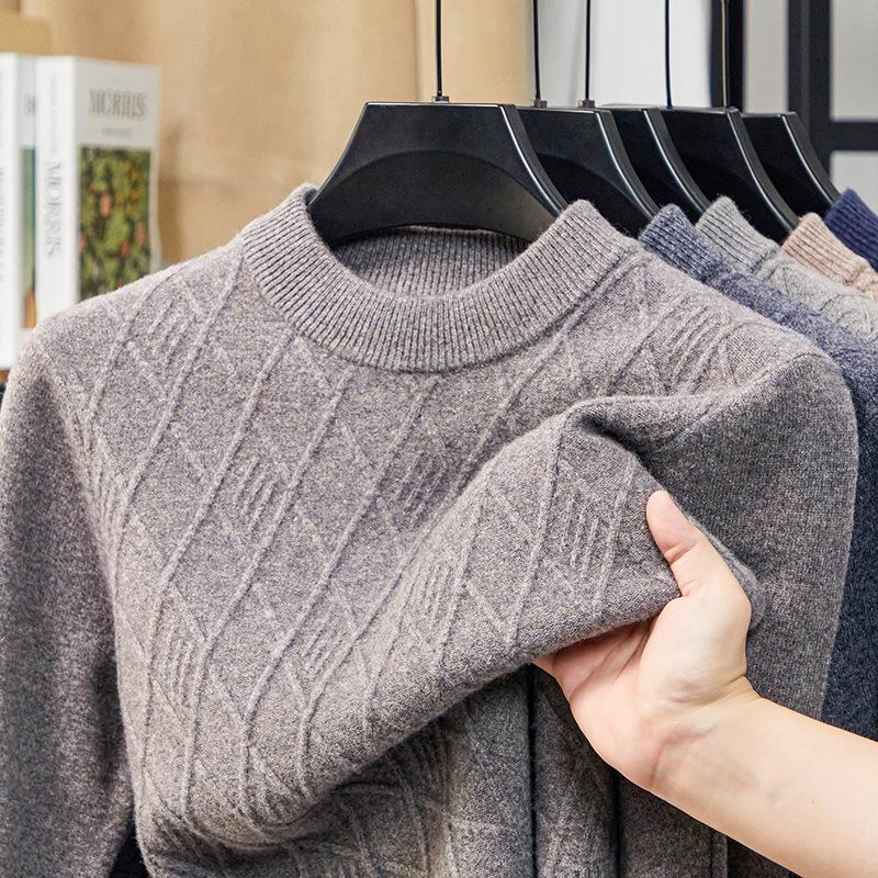Men's 100% Wool Round Neck Winter Sweater, Casual Business Jacquard Knitwear