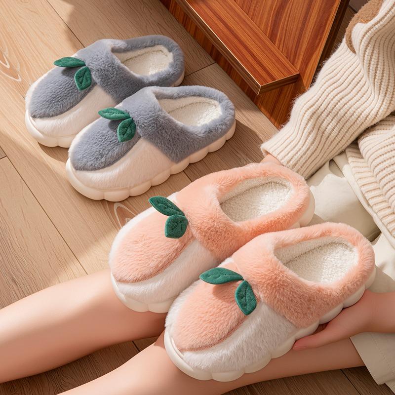 Home Plush Cotton Slippers Women's Autumn and Winter Indoor Soft Bottom Non-slip Plush Warm Couple Strawberry Leaf Cotton Mop