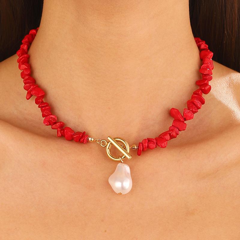 Vintage Irregular Stone Bead Necklace for Women Temperament Irregular Imitation Pearl Pendant Adjustable Clavicle Chain Zircon