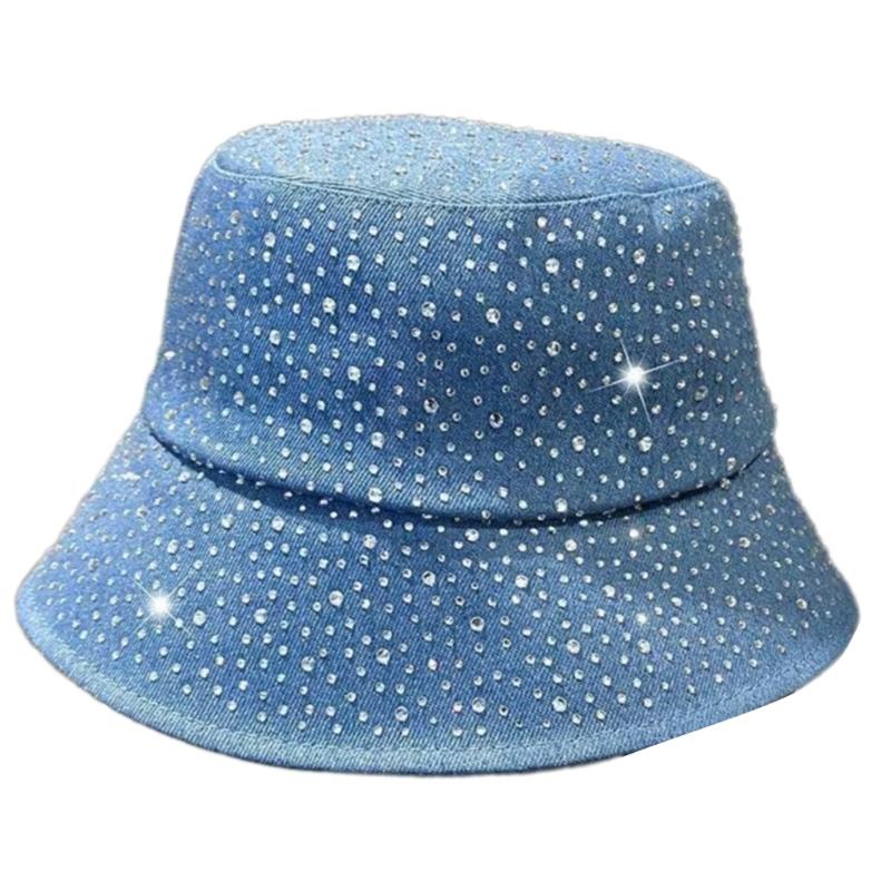 

Rhinestones Decor Fisherman Hat Sun Foldable Bucket Hat for Vacation