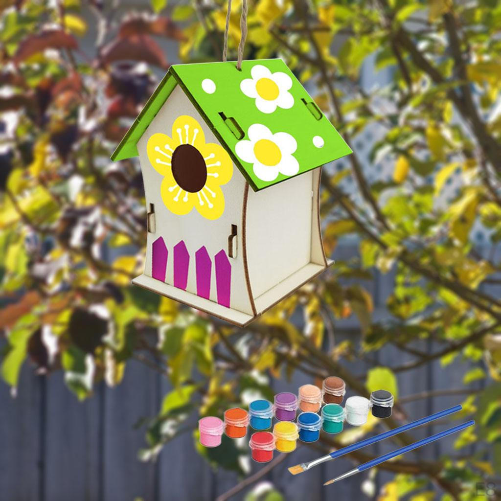 3D Painting Puzzle Bird House DIY Wooden Assembly Model Building S with 12 Color Pigments & Brush