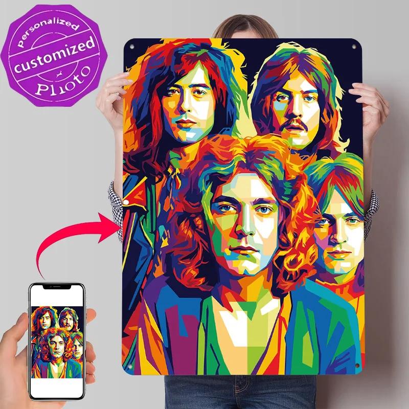 Led Zeppelin Portrait Pop Art Coloré Affiche Panneaux Métalliques Imprimés Rétro D Cadeau Personnalisé à Suspendre au Mur pour Décoration Chambre à Coucher