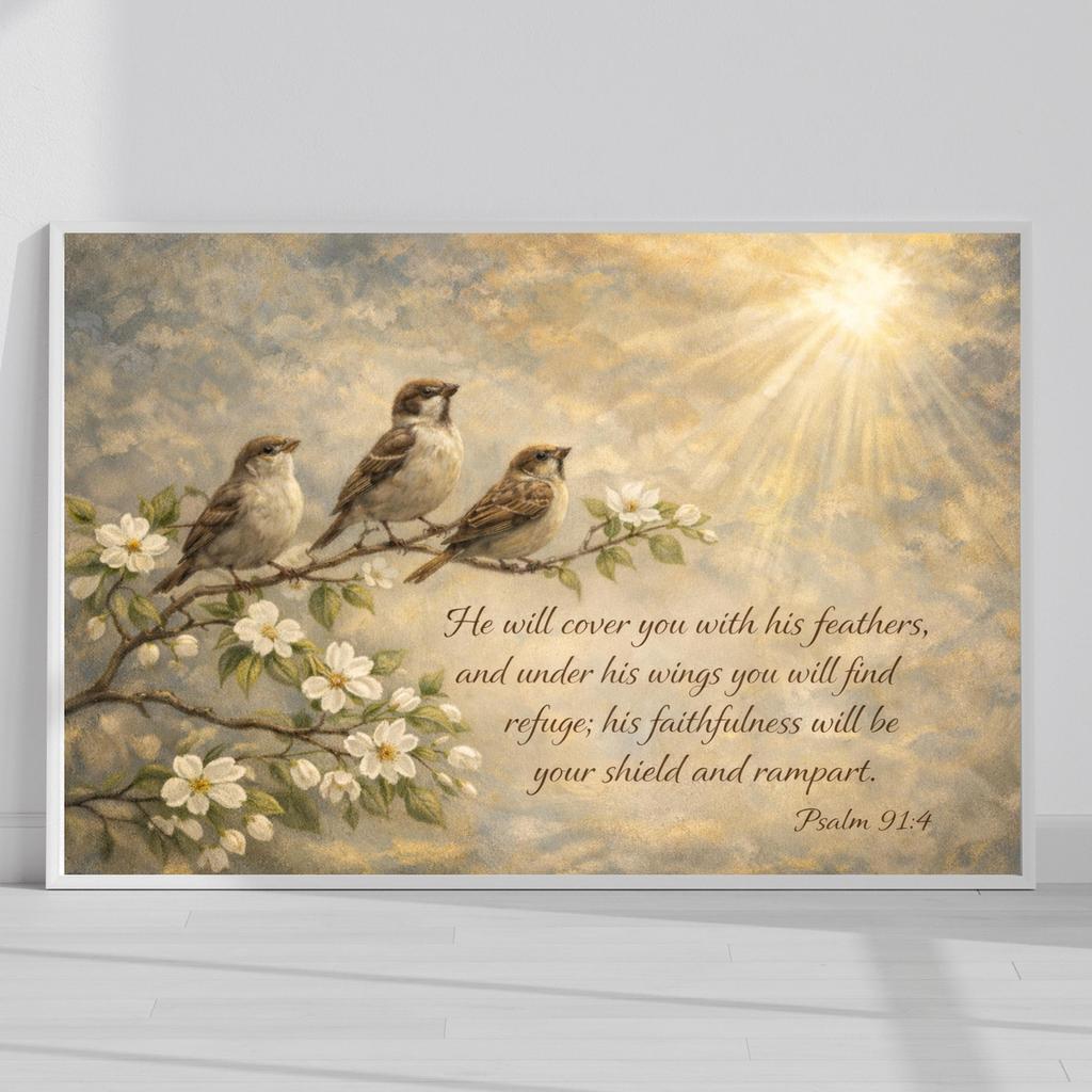 Salmo 91:4 Arte de Pared de Gorriones, Lienzo Rústico Cristiano, Él Te Cubrirá Con Sus Plumas Versículo, Decoración de Pared con Escrituras, Arte para Sala de Estar