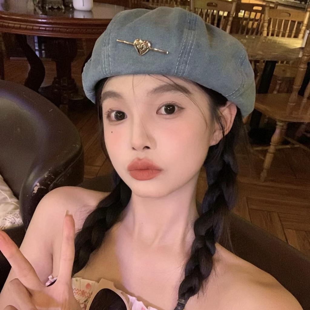 Japanese Fashion Washed Denim Beret Women'S Spring And Summer Big Head Circumference Retro Literary Painter Hat Showing Face Small Cloud Hat