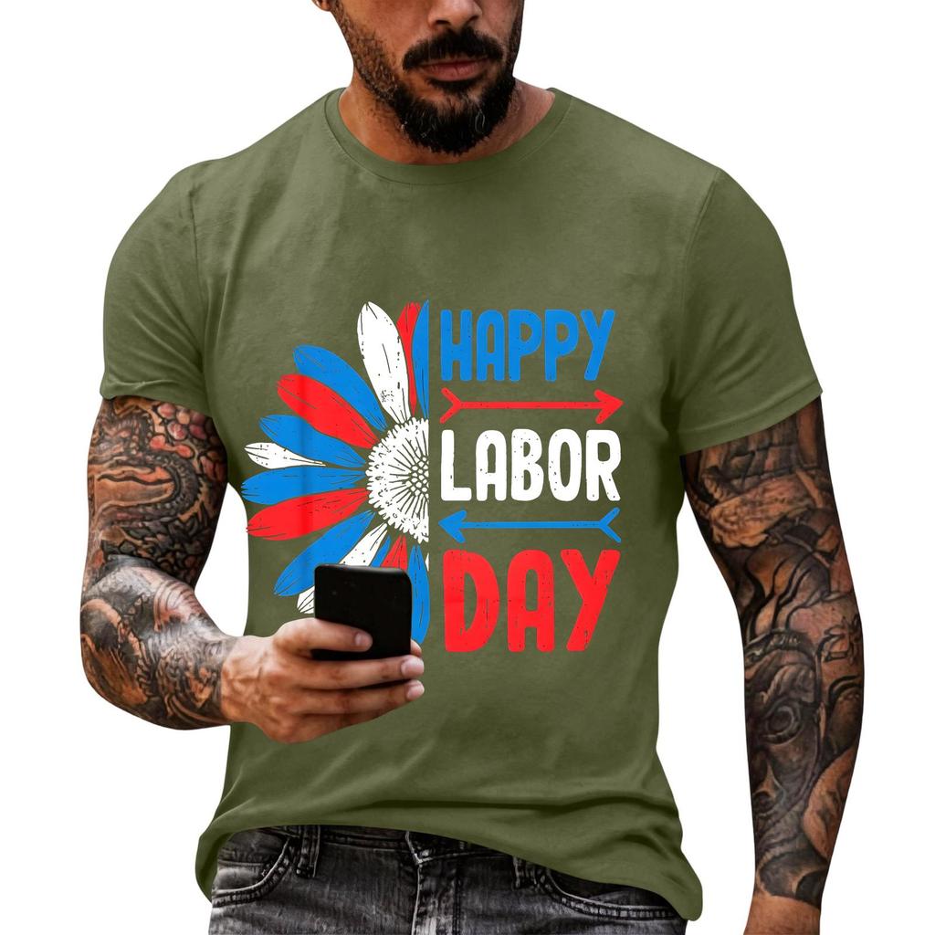 Men's Casual Loose Fit Short Sleeve T-Shirt Crew Neck Printed Graphic Tee for Labor Day Celebration Comfortable Everyday Wear