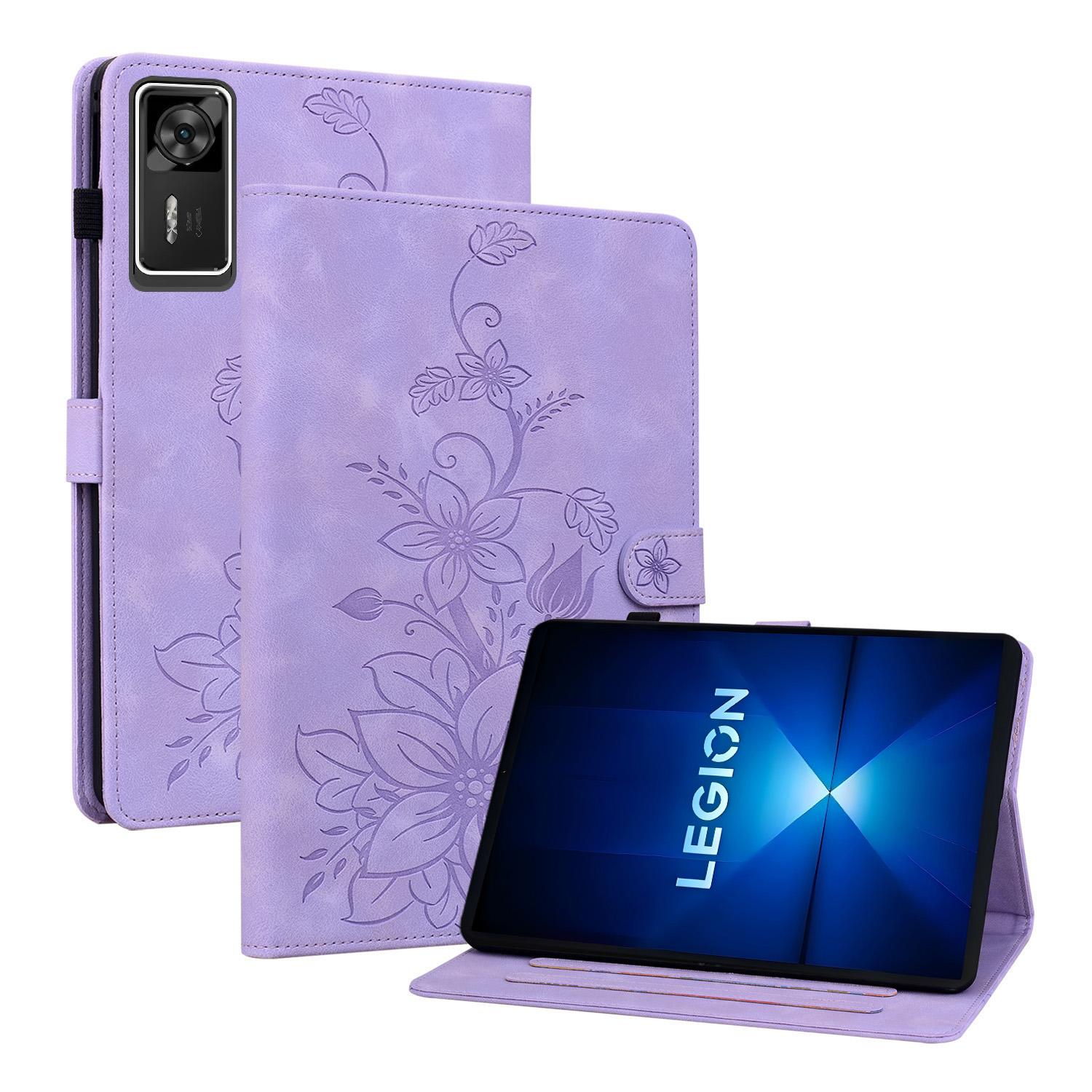 

For Lenovo Legion Y700 Gen 4 Case Lily Flower Imprint Card Slots Leather Tablet Cover Purple