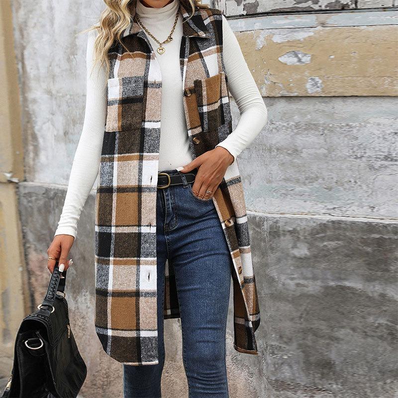 Women Plaid Print Flap Collar Sleeveless Jacket  Autumn Loose Fashion Single Breasted Long Thermal Vest