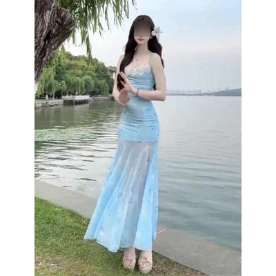 Seaside Vacation Style Blue Floral Suspender Dress Casual Body Temperament Slim Hip Wrap Dress Summer
