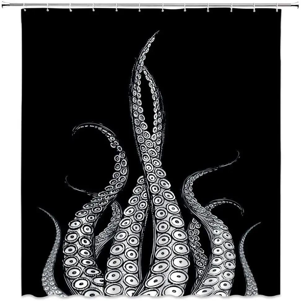 

Octopus Shower Curtain Black White Octopus Tentacles Ocean Kraken Abstract Vintage Creative Modern Home Bathroom Decor Set Hooks 90x180cm-35x70in