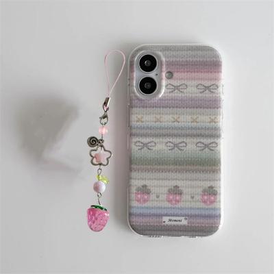 Double Layered Sweater Lines Embroidery Pink Strawberry Phone Case For iPhone 17 Air 15 14 13 16 12 11ProMax Plus Y2k Back Cover