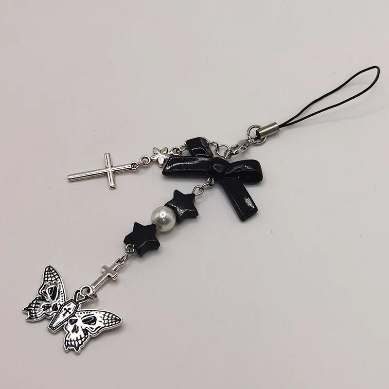 Black Punk Y2K Phone Pendant Chain Cool Girl Sweet Pink Beaded Charm With Cross Butterfly Love Accessories For iPhone Camera Bag 1