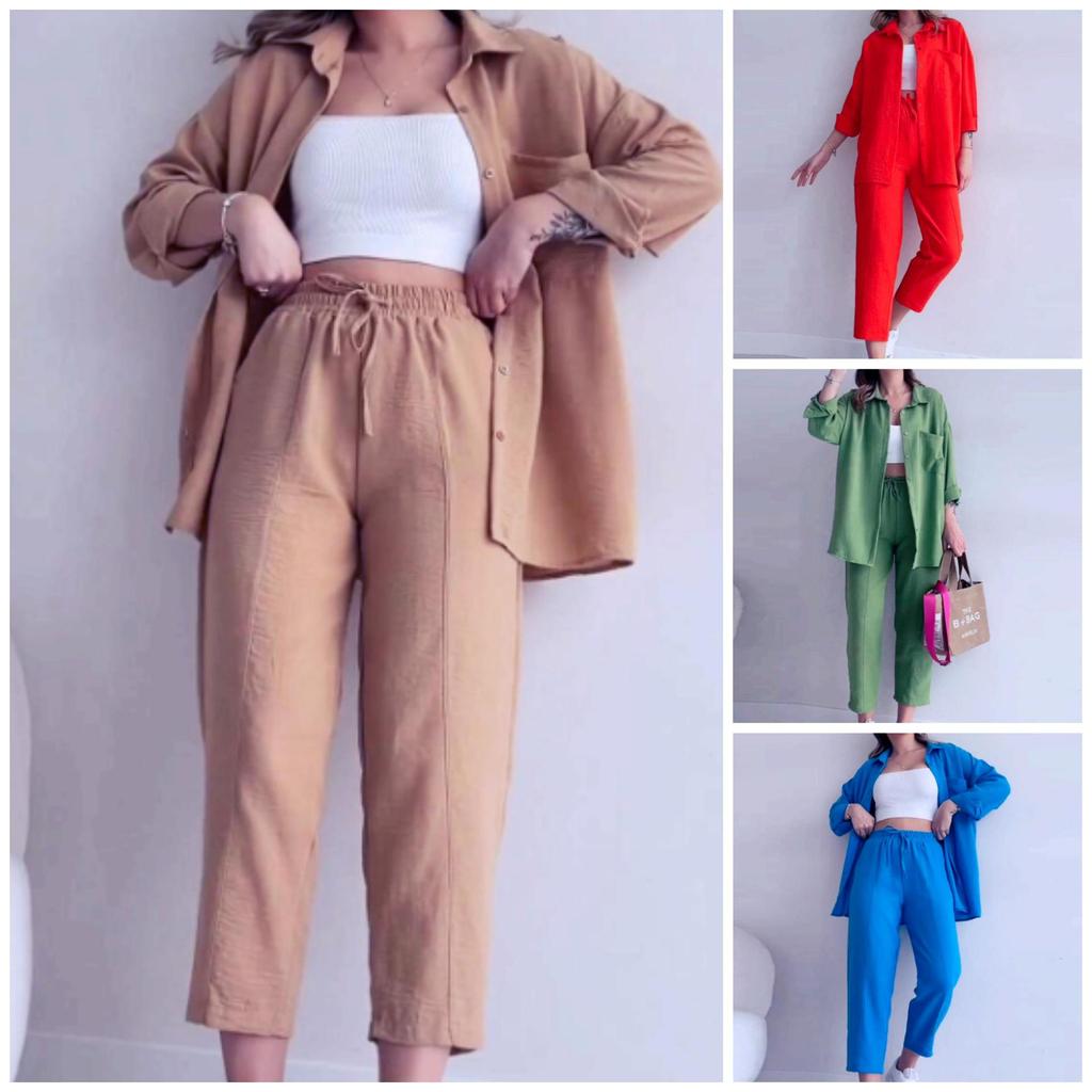 2024 European & American Women's Summer Crinkle Long Sleeve Shirt & High Waist Wide Leg Pants Set