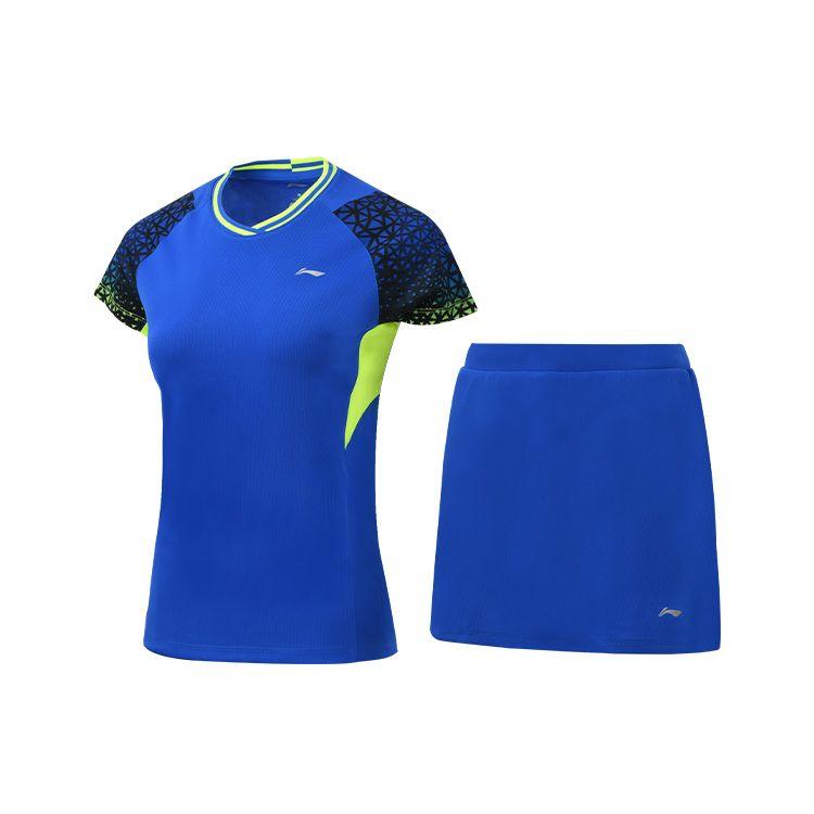 Li Ning Badminton Series Quick-Dry Breathable Training Sports Competition Short Sleeve T-Shirt Skirt Set Women Tops Crystal-Blue AATQ028-1