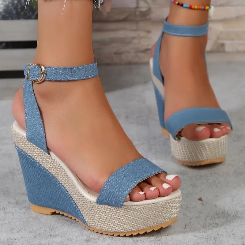 Sexy Peep Toe Platform Wedge Sandals Denim Broadband Ankle Buckle Strap High Heels Shoes Sandales Sandalias