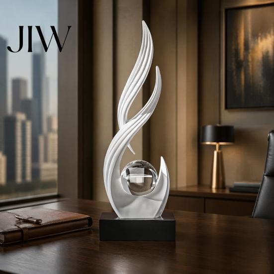 Minimalist Decorative Statue for Entryway Abstract Sculpture with Clear Crystal Ball, Modern Flowing Curve Tabletop Decor Luxury Home Office