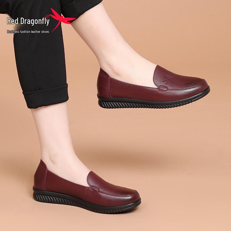 Red Dragonfly Women's Genuine Leather Slip-On Shoes - Comfortable Soft Sole for Spring, Ideal for Middle-Aged & Elderly