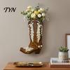 Western Cowboy Boot Wall Decor Wooden Boots Planter for Indoor Plants, Flower Hanging Vase Themed Store Art Faux Flower, Rustic Home Bathroom Bedroom