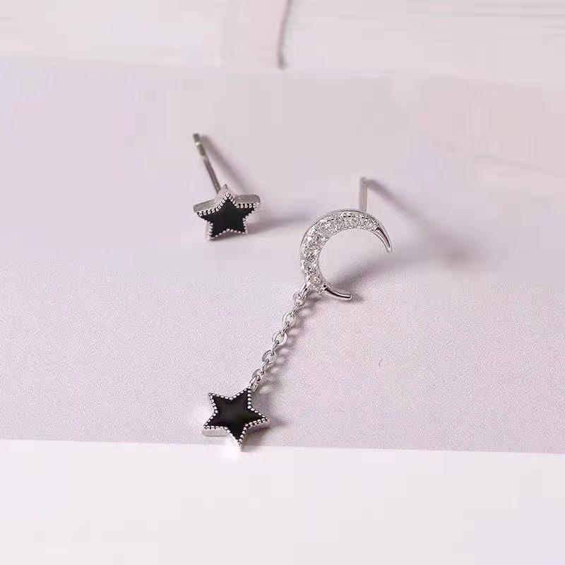 Korean Style Asymmetric Star and Moon Earrings - Elegant Niche Design for Women