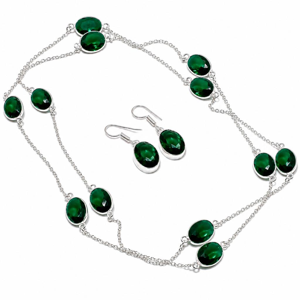 Chrome Diopside Oval Shape Gemstone Chain+Earrings Handmade Antique Gift Jewelry
